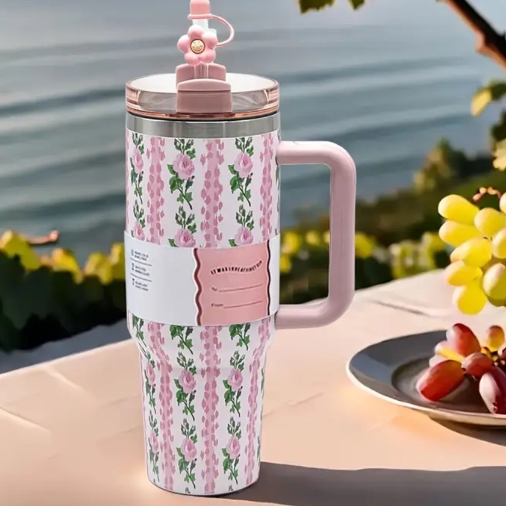 {NEW} 40oz Floral Pink Travel Mug Coffee Tumbler